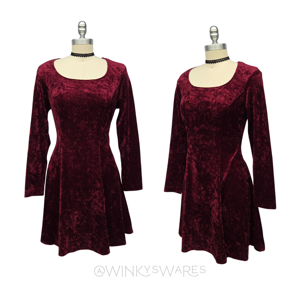 Vintage 90s Crushed Velvet Mini Dress Size S Grunge Goth Berry Red Skater